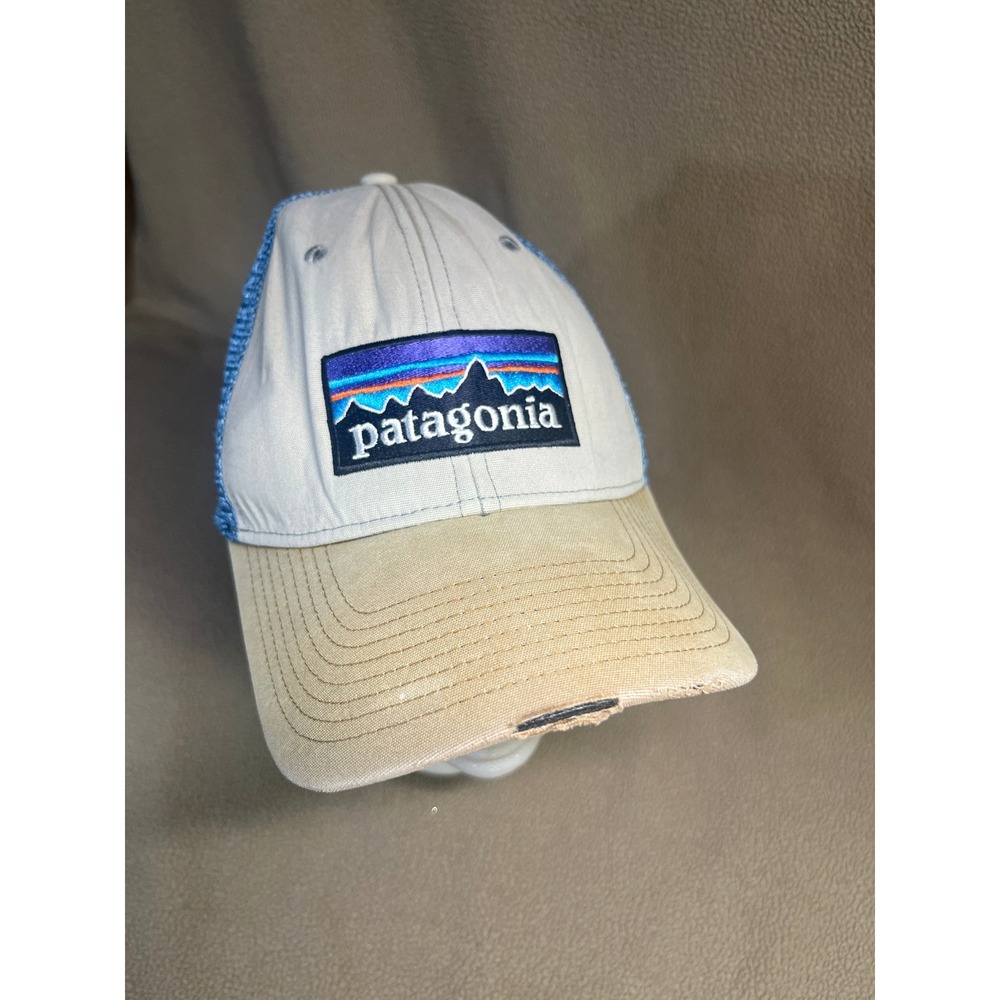 Patagonia P-6 Logo Trucker Hat Tan Blue Mesh Snapback Cap  SP16 Distressed